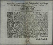 Der Königl. Maytt. und Reiche Schweden Raht und Kriegs-Rath, auch General Commandeur über die Militie und Gvarnisonen im Hertzogthumb Pommern, Erich Stenbock [...]. Demnach sich sowohl die Königliche, als die ChurBrandenburgische Landsassen und Einwohnere, beydes in Pommern und in der Marck, auff diss- und jener Seiten der Oder, gar höchlich beschweren, dass nicht allein die regular-Marchen, weszwegen ohnlängsthin am 19. Octobris des verwichenen Jahres ein besonderes Patent publiciret [...] : [Dat.] Gegeben zu Alten Stettin den 29. Januarii, Anno 1656