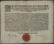 Wir Friederich Wilhelm Von Gottes Gnaden, Marggraff zu Brandenburg [...] Fügen allen und jeden so wol der Römisch. Käiserl. Majest. und anderer unserer Allirten als unserer eigenen Hohen und Nibrigen Kriegs-Officirern, Befehlichshabern, auch gemeinen Soldatesque zu Ross und Fuss, und jedermänniglichen zu wissen dass wir auss Churfürstlicher Fürsorge für ein Ehrwürdiges Ministerium alle Pastores und geistliche Persohnen in Unserm Hertzogthum Hinter-Pommern, und was sonsten zum Clero begriffen, und zur Geistligkeit gehöret [...]. Signatum Colberg den 6. Decembr. 1659