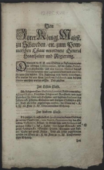 Von Ihrer K&ouml;nigl. Majest. zu Schweden, [et]c. zum Pommerschen Estaat verordnete General Staathalter und Regierung : Demnach die E.E. von St&auml;dten zu Aufbringung einiger n&ouml;htigen Exsolvendorum, biss die Hufen-Professiones eingebracht, und eine Interims-Matricul darauss formiret worden, eine Capitation Steur nach vier Classen unter sich beliebet [...] : [Dat.] Gegeben zu Stettin den 10. Maji Anno 1681