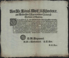 Von Ihr. Königl. Maytt. zu Schweden [et]c. zum Pom[m]erschen Estat verordnete General-Stadthalter und Regierung : Demnach die E.E. von Städten bey der ihnen jüngsthin vervilligten Zusammenkunfft in Anclam zu des in gemeinen Landes Angelegenheiten nacher Schweden abgeschickten Deputatibenöhtigten Reise-Kosten für der Hand eine Anlage auff 12. szl. Vor-Pomm. von der reducirten Huffe beliebet [...] : [Dat.] Datum Stettin den 6. Septembr. 1684