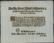 Von Ihr. Königl. Maytt. zu Schweden [et]c. zum Pommerschen Estat verordnete General-Stathalter und Regierung : Als die E.E. Städte eine Designation eingesand, worinn verschiedene particulier-exsolvenda specificiret, zu derer Abführung Sie eine Anlage auff 20.szl. Vor-Pom[m]. von jedweder reducirten Huffe beliebet und darüber unsere Einwilligung geziemendt gebeten, dieselbe ihnen auch nicht zu versagen gewesen [...] Signatum Stettin den 15. April. 1686