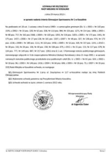 Uchwała Rady Miejskiej w Koszalinie nr XIX/258/2012