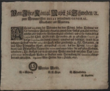 Von Ihro Königlichen Maytt. zu Schweden, [et]c. zum Pommerschen Estat verordnete General-Staathalter und Regierung : Als zur Salarirung der Bedienten bey dem Königl. hohen Tribunal vor das verwichene Michaelis Quartal annoch keine Anstalt gemachet worden, indessen aber solches die Nothwendigkeit erfordert [...] : [Dat.] Signatum Alten Stettin, den 1. Octobr. 1697