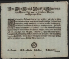 Von Ihro K&ouml;nigl. Maytt. zu Schweden, [et]c. beym Pommerschen Estat verordnete Cantzler und Regierungs R&auml;the : Demnach das Johannis Qvartal schier verflossen, und daher der Nothdurfft befunden, die zur Salarirung des hohen K&ouml;niglichen Tribunals ben&ouml;thigte Steur, welche vor diszmahl, der desfalls getroffen Beliebung nach, die l&ouml;bliche Ritterschafft trifft, beh&ouml;riger massen zu intimiren [...] : [Dat.] Signatum Stettin, den 19. Junii 1698