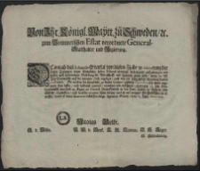 Von Ihr. Königl. Maytt. zu Schweden, [et]c. zum Pommerschen Estat verordnete General-Statthalter und Regierung : Demnach das Johannis-Qvartal von diesem Jahr zu salaryrung der Herrn Bedienten beym Königlichen hohen Tribunalnunmehr fordersamst auffzubringen und solches nach hiebevoriger Beliebung die Ritterschafft und Aempter anitzo trifft, wozu 22. Lszl. Vor-Pommrisch auff die reducirte Hufe angeleget [...] : [Dat.] Signatum Stettin, dem 29. Julii, Anno 1692