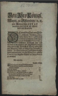 Von Ihro K&ouml;nigl. Maytt. zu Schweden, [et]c. zum Pommerschen Estat verordnete General-Staathalter und Regierung : Demnach die Ehrb: von St&auml;dtten geb&uuml;hrende Ansuchung gethan, dasz der Neben-Modus auff den Fusz, wie Er im verwichenen Jahre ergangen, im St&auml;dtischen Corpore der erheischenden Nothdurfft nach, auch vor dieses mahl, angeleget und auszgeschrieben werden m&ouml;ge [...] : [Dat.] Datum Stettin, den 26. May, Anno 1696