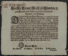 Von Ihr. K&ouml;nigl. Maytt. zu Schweden, [et]c. zum Pommerschen Estat verordnete General-Staathalter und Regierung : Demnach die Herren Land-St&auml;nde zu Praemiirung derer die den Wolff und andere sch&auml;dliche Thiere tilgen, sich einer gemeinen Anlage a Drey Lsz. Vorpom[m]. auff die reducirte Hufe, wie auch zu Ablegung der Universit&auml;t Zinsen pro Anno 1696. a Zwey und ein halb. Lsz. Vorpomm. auf die Hufe vereiniget [...] : [Dat.] Signatum Stettin, den 18. Novemb. 1696