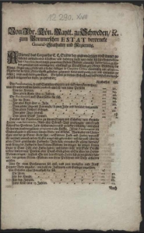 Von Ihr. Königl. Maytt. zu Schweden, [et]c. zum Pommerschen Estat verordnete General-Stathalter und Regierung : Aldieweil das Corpus der E.E. Städte bey gegenwärtigen noch immer gefährlich anscheinenden Läufften, und dahero je mehr und mehr sich häuffenden-Landes-Oneribus durch den so genandten Neben-Modum etwanige Sublevation zu finden gemeinet und vermöge der, ohnlängst zu Strahlsund getroffenen Beliebung die Königl. Regierung gebührend ersuchet [...] : [Dat.] Gegeben auffm Schloss zu Alten Stettin, den 8.ten Aprill, Anno 1690