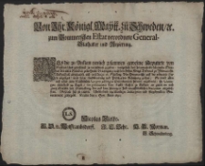 Von Ihr. K&ouml;nigl. Maytt. zu Schweden, [et]c. zum Pommerschen Estat verordnete General-Stathalter und Regierung : Als die zu Anklam neulich zusammen gewesene Deputirte von St&auml;dten Uns geb&uuml;hrend zu vernehmen gegeben, wasgestalt deas herannahende Michaelis-Qvartal der unter St&auml;nden getroffenen Vereinigung nach dem hohen K&ouml;nigl. Tribunal zu Wismar ohn Auffenthalt abzustatten und weil darzu 18. \Schiling Vor-Pommerisch auff die reducirte Hufe angeleget [...] : [Dat.] Stettin den 8. Sept. Anno 1690