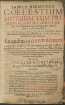 Tabulae Harmonicae Coelestium Motuum Tum Primorvm, Tum Secundorum, Seu Doctrinae Sphaericae Et Theoriae Planetarum. Innitentes potissimum [...] Tychonis Brahei [...] Astronomiae instauratoris; Ex quibus in convenientem ordinem redactis & ad compendium collatis aequabiles & apparentes Longitudines [...] singulorum Planetarum ad cujuslibet Sphaerae rectae & oblique positum & ad quaevis tempora omnium seculorum ante & post aeram Christianam facile colligi ac figurae coelestes construi possunt