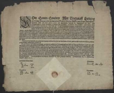 Von Gottes gnaden wir Bogislaff Hertzog zu Stettin, Pommern [...] Entbieten allen und jeden unsern Haupt und Amptleuten, den von der Ritterschafft und Adel, auch Burgermeister[...] und Schultzen [...] unsern gnedigen grus mit vormeldunge, das aus benachbarten Chur und Fürstenthumben glaublich an uns gelanget wie im heiligen Römischen Reich, an vielen orten sich etzliche Mordtbrenner herfur thun, und albereit mit orffentlichem Brandt und anzünden, an unterschiedenen orten vornemen lassen [...] : [Dat] Datum Barth den XI. Monatstag Augusti, Anno 1590