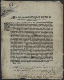 Von Gottes gnaden Bugsslaff, Hertzog zu Stettin Pommern [...] empieten den Erbarn unsern lieben getrewen, allen vom Adel in unserm ampt gesessen [...] unsern gruss, und zweiffeln nicht, ihr werdet euch zu erinnern wissen, welcher gestalt auff jüngsten alhie zu Wolgast gehaltenen Landtag unter andern es dafür geachtet auch vor abschiedet, das unsere unterm Dato 30. Augusti abgelauffenen 94 Jares auss gangene Mandata in bereidtschafft zusitzen nicht allein renoviret, sondern auch die Munsterung auff dem Lande und in Stedten forderlich angeordnet und gehalten wurde [...] : [Dat.] Urkundtlich [...] geben auff Wolgast den ( ) Anno 1595