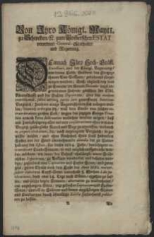 Von Ihro Königl. Maytt. zu Schweden, [et]c. zum Pom[m]erschen Estat verordnete General-Stathalter und Regierung : Demnach Ihro Hoch-Gräfl. Excellence, und der Königl. Regierung, von denen Erbb: Städten des Hertzogthums Vor-Pom[m]ern, gebührend fürgetragen worden; Dass, obgleich bey dem zu Stettin, im Monat Decembr negst abgewichenen Jahres [...] : [Dat.] Gegeben Stettin den 21. Martii Anno 1694