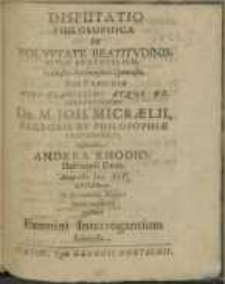 Disputatio Philosophica De Voluptate Beatitudinis