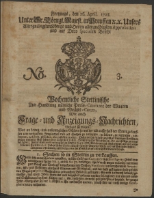 Wochentliche Stettinische zur Handlung nützliche Preis-Courante der Waaren und Wechsel-Cours, wie auch Frage- und Anzeigungs-Nachrichten. 1728 No. 3