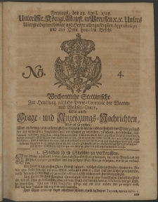 Wochentliche Stettinische zur Handlung nützliche Preis-Courante der Waaren und Wechsel-Cours, wie auch Frage- und Anzeigungs-Nachrichten. 1728 No. 4
