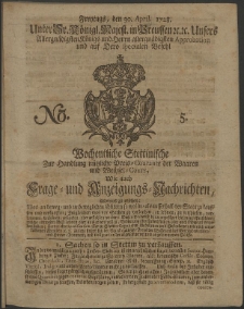 Wochentliche Stettinische zur Handlung nützliche Preis-Courante der Waaren und Wechsel-Cours, wie auch Frage- und Anzeigungs-Nachrichten. 1728 No. 5