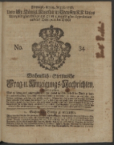 Wochentliche Stettinische zur Handlung nützliche Preis-Courante der Waaren und Wechsel-Cours, wie auch Frage- und Anzeigungs-Nachrichten. 1736 No. 34