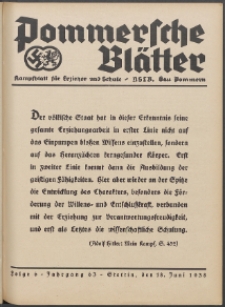 Pommersche Bl&auml;tter : Kampfblatt f&uuml;r Erzieher und Schule. Jg. 63, 1938 Folge 6