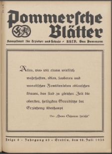Pommersche Bl&auml;tter : Kampfblatt f&uuml;r Erzieher und Schule. Jg. 63, 1938 Folge 8