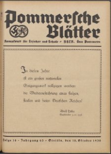 Pommersche Bl&auml;tter : Kampfblatt f&uuml;r Erzieher und Schule. Jg. 63, 1938 Folge 14