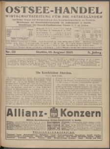 Ostsee-Handel : Wirtschaftszeitschrift für der Wirtschaftsgebiet des Gaues Pommern und der Ostsee und Südostländer. Jg. 5, 1925 Nr. 33