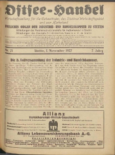 Ostsee-Handel : Wirtschaftszeitschrift für der Wirtschaftsgebiet des Gaues Pommern und der Ostsee und Südostländer. Jg. 7, 1927 Nr. 21