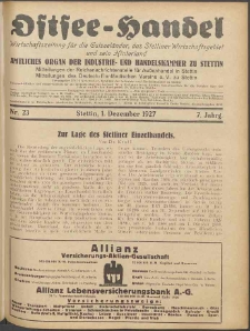 Ostsee-Handel : Wirtschaftszeitschrift für der Wirtschaftsgebiet des Gaues Pommern und der Ostsee und Südostländer. Jg. 7, 1927 Nr. 23