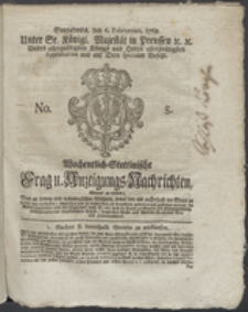 Wochentlich-Stettinische Frag- und Anzeigungs-Nachrichten. 1768 No. 5 + Anhang