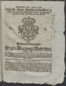 Wochentlich-Stettinische Frag- und Anzeigungs-Nachrichten. 1768 No. 13 + Anhang