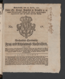 Wochentlich-Stettinische Frag- und Anzeigungs-Nachrichten. 1770 No. 17 + Anhang