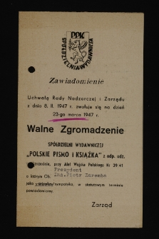 Powiadomienie Spółdzielni Wydawniczej "Polskie Pismo i Książka" skierowane do prezydenta Szczecina Piotra Zaremby informujące o zwołaniu walnego zgromadzenia