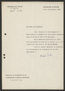 [List ambasadora Francji w Polsce do Jerzego Borejszy z 18 listopada 1948].