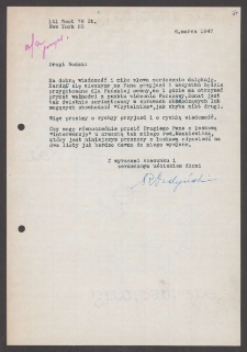 [List Ryszarda Ordyńskiego do Jerzego Borejszy z 6 marca 1947].