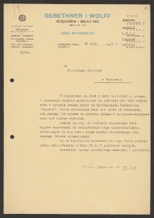 [List Jana Gebethnera reprezentującego przedsiębiorstwo wydawnicze i księgarskie Gebethner i Wolff do Jerzego Borejszy z 16 maja 1946].