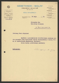 [List Jana Gebethnera reprezentującego przedsiębiorstwo wydawnicze i księgarskie Gebethner i Wolff do Jerzego Borejszy z 20 maja 1946].