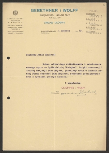 [List Jana Gebethnera reprezentującego przedsiębiorstwo wydawnicze i księgarskie Gebethner i Wolff do Jerzego Borejszy z 4 czerwca 1946].