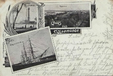 Gruss aus Swinem&uuml;nde, Leuchtturm, Panorama, Kriegsschiff im Strom